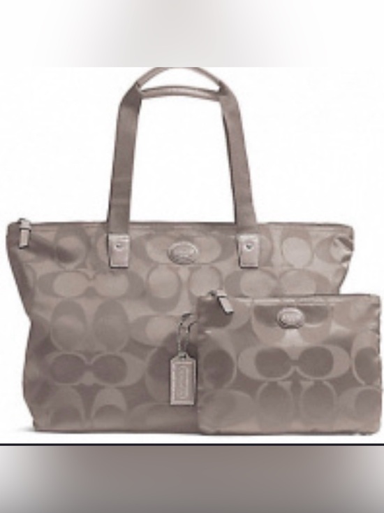Coach Handbags - Coach Signature Getaway Nylon Tote with Snap On Zipper Pouch Monogram Taupe